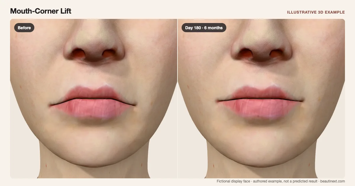 Mouth-Corner Lift on a fictional 3D face: before treatment and day 180 · 6 months