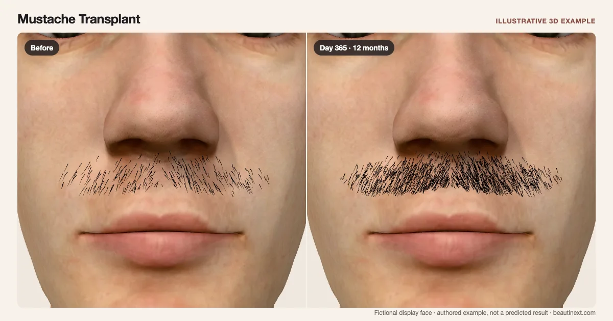 Mustache Transplant on a fictional 3D face: before treatment and day 365 · 12 months