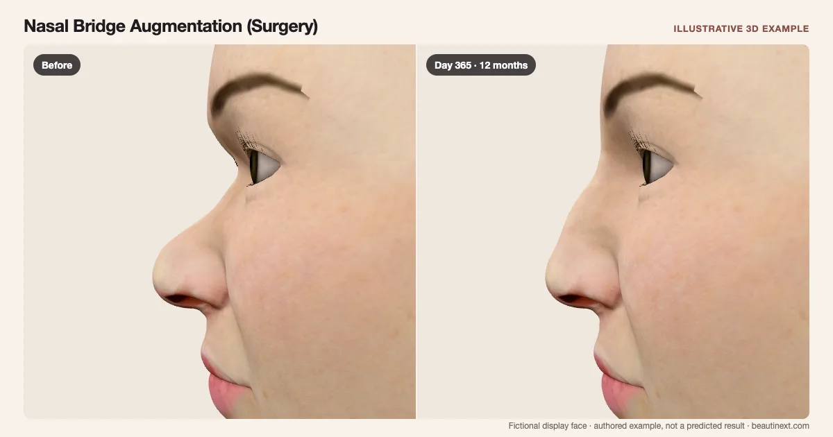 Nasal Bridge Augmentation (Surgery) on a fictional 3D face: before treatment and day 365 · 12 months
