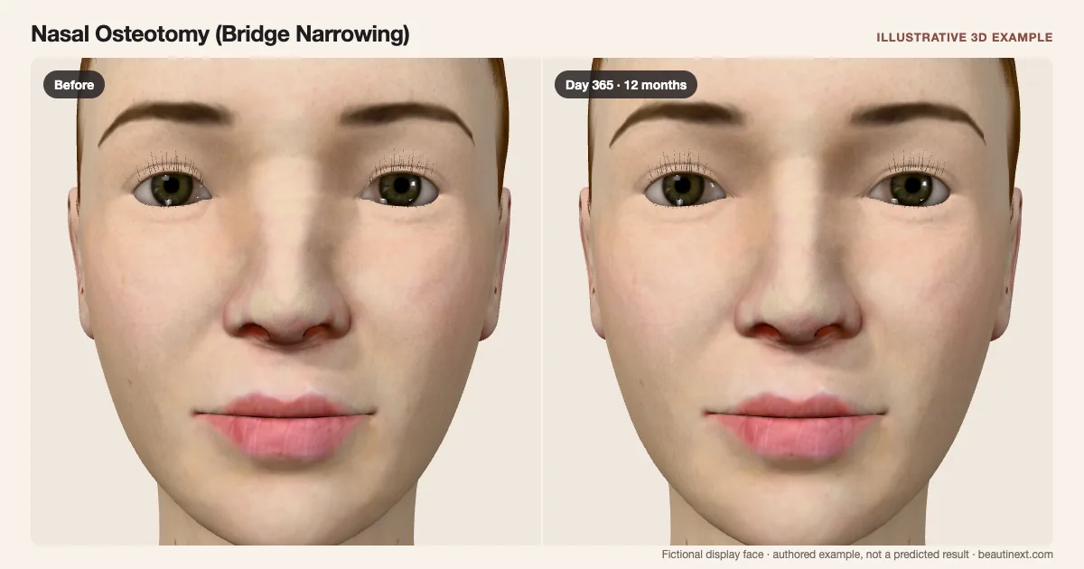 Nasal Osteotomy (Bridge Narrowing) on a fictional 3D face: before treatment and day 365 · 12 months
