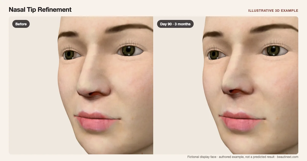 Nasal Tip Refinement on a fictional 3D face: before treatment and day 90 · 3 months