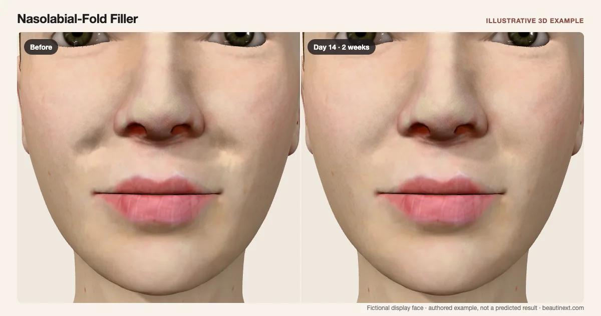 Nasolabial-Fold Filler on a fictional 3D face: before treatment and day 14 · 2 weeks