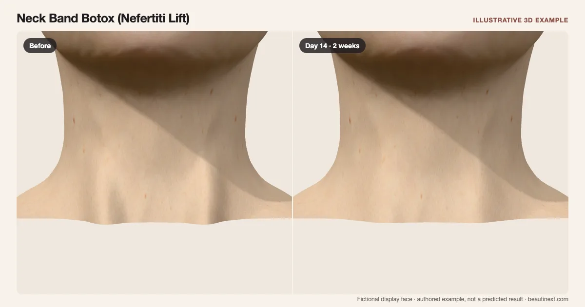Neck Band Botox (Nefertiti Lift) on a fictional 3D face: before treatment and day 14 · 2 weeks