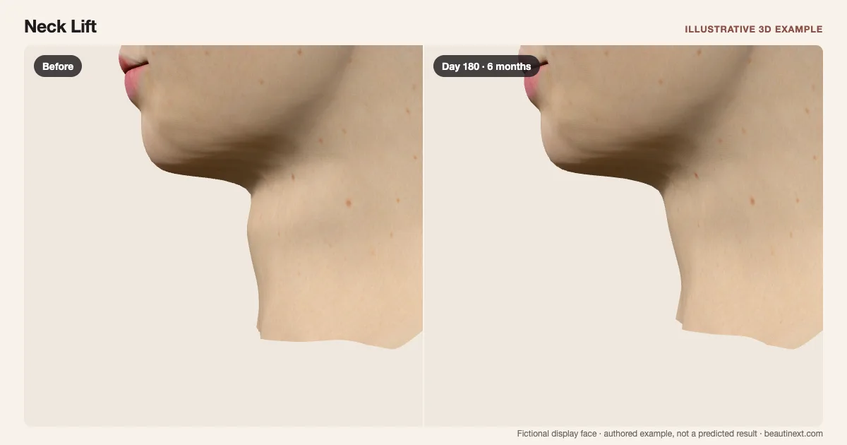 Neck Lift on a fictional 3D face: before treatment and day 180 · 6 months