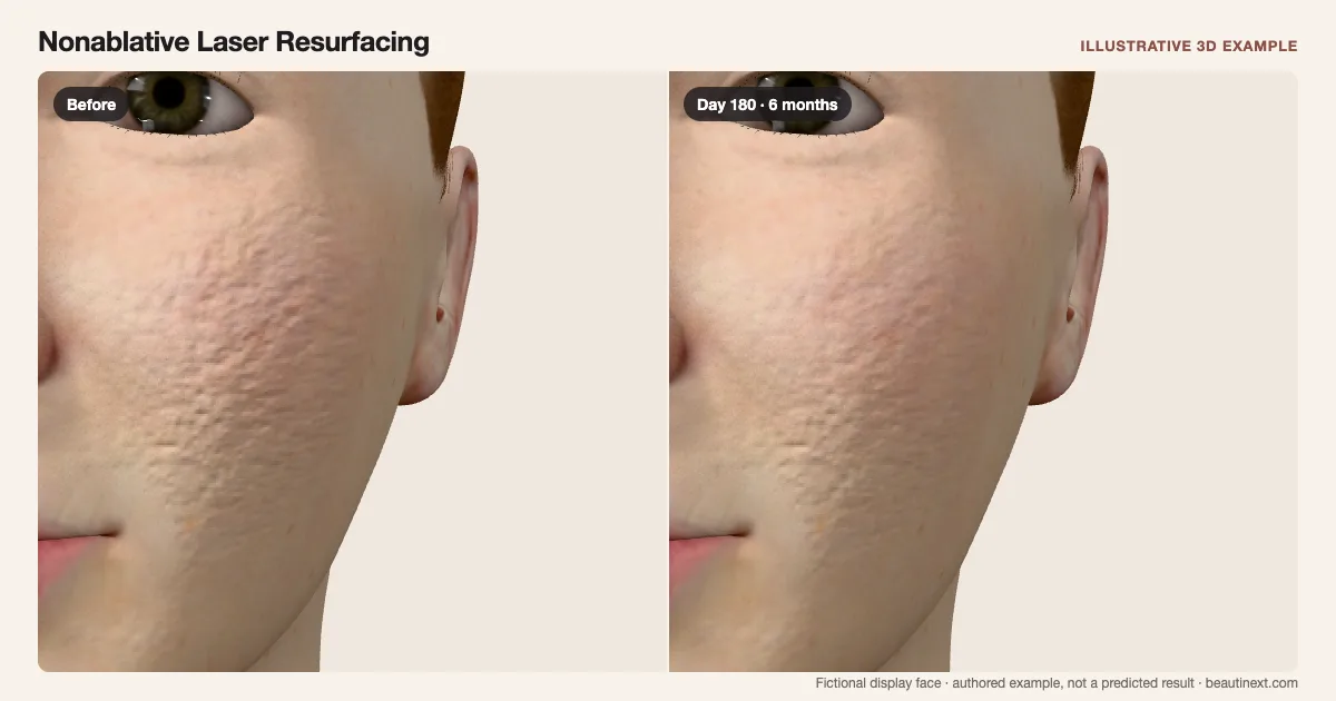 Nonablative Laser Resurfacing on a fictional 3D face: before treatment and day 180 · 6 months