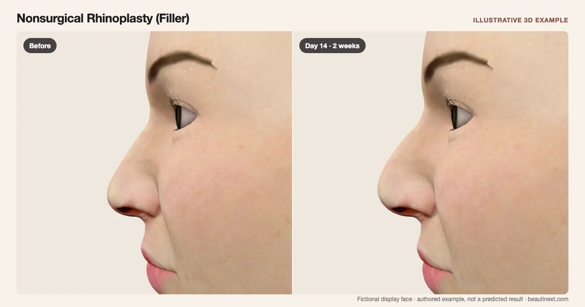 Nonsurgical Rhinoplasty (Filler) on a fictional 3D face: before treatment and day 14 · 2 weeks