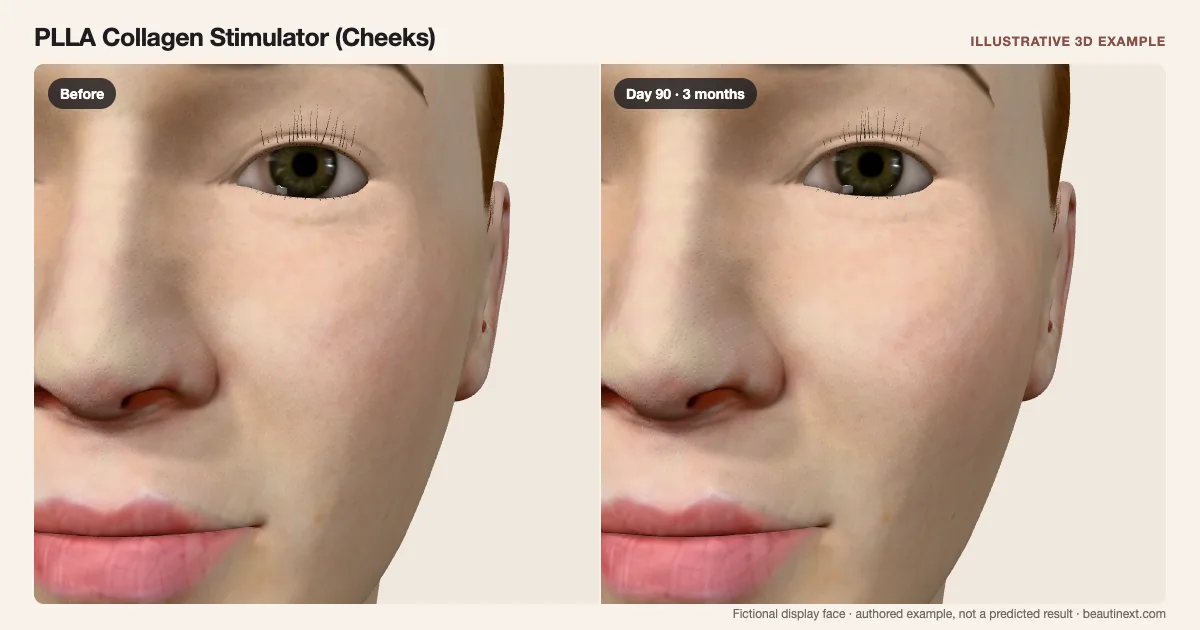 PLLA Collagen Stimulator (Cheeks) on a fictional 3D face: before treatment and day 90 · 3 months