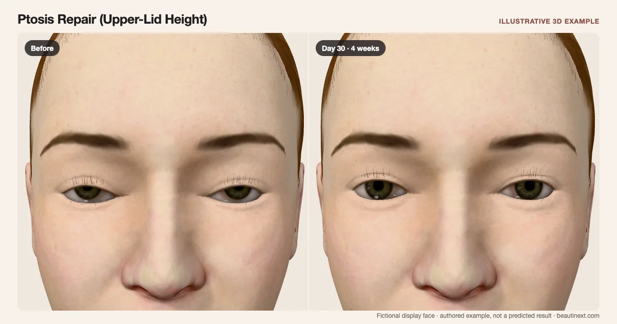 Ptosis Repair (Upper-Lid Height) on a fictional 3D face: before treatment and day 30 · 4 weeks