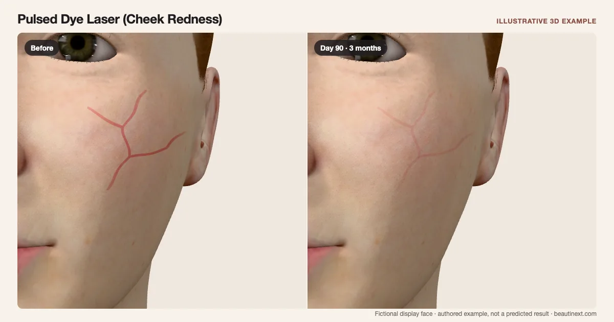 Pulsed Dye Laser (Cheek Redness) on a fictional 3D face: before treatment and day 90 · 3 months