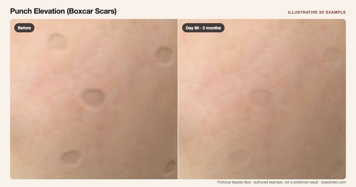 Punch Elevation (Boxcar Scars) on a fictional 3D face: before treatment and day 90 · 3 months