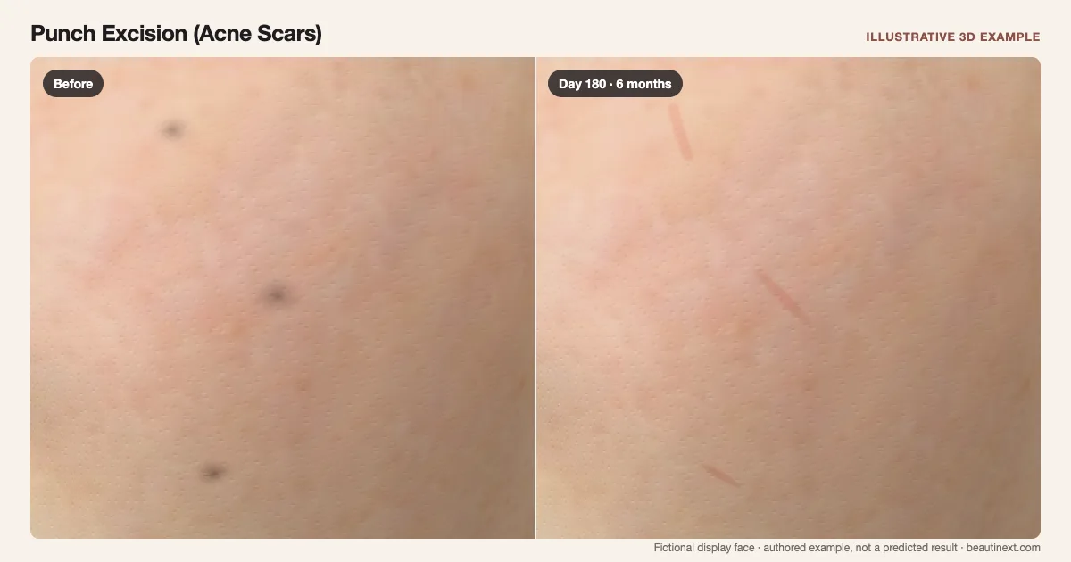 Punch Excision (Acne Scars) on a fictional 3D face: before treatment and day 180 · 6 months