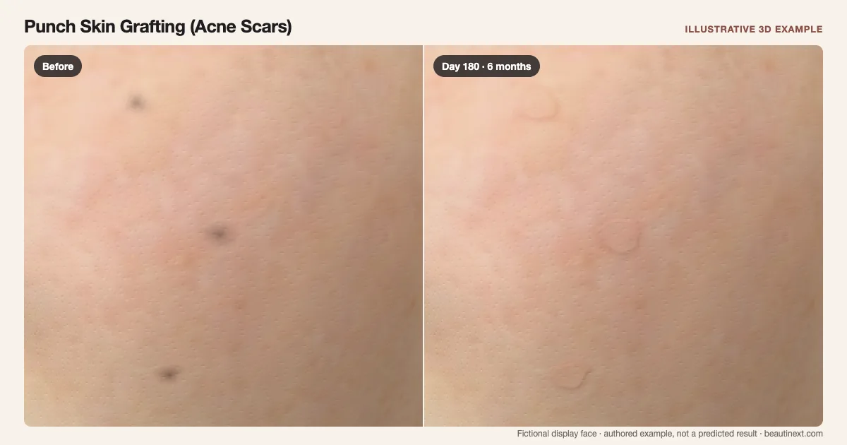 Punch Skin Grafting (Acne Scars) on a fictional 3D face: before treatment and day 180 · 6 months