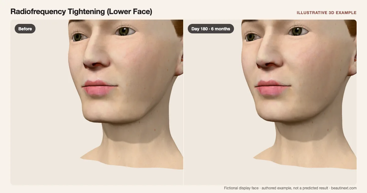 Radiofrequency Tightening (Lower Face) on a fictional 3D face: before treatment and day 180 · 6 months