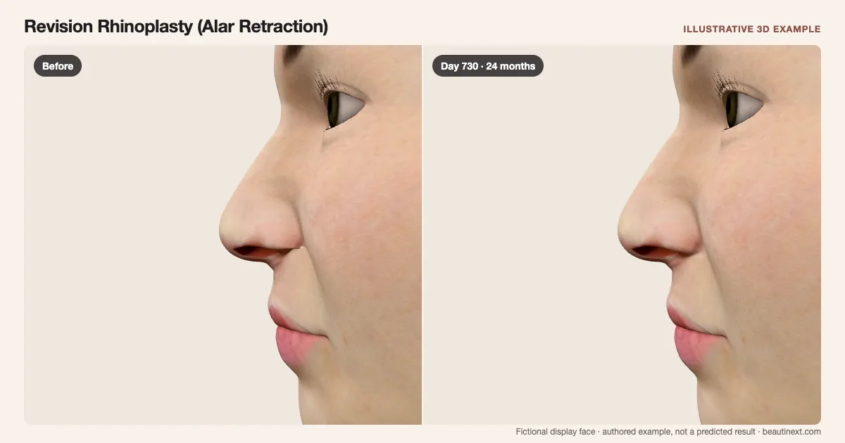 Revision Rhinoplasty (Alar Retraction) on a fictional 3D face: before treatment and day 730 · 24 months