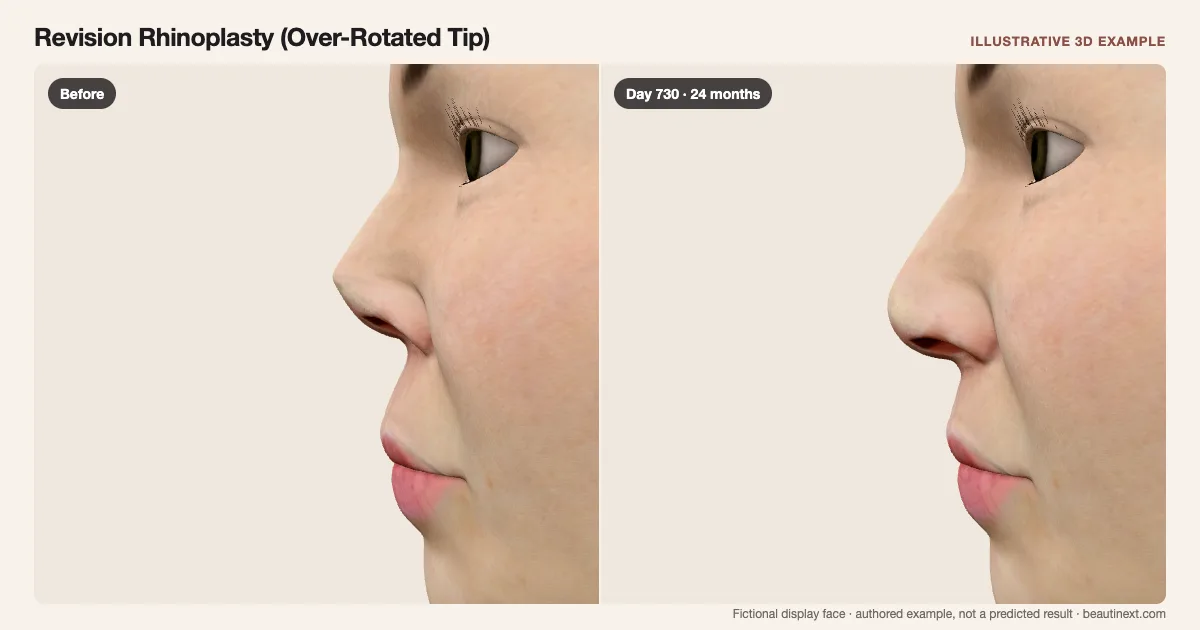 Revision Rhinoplasty (Over-Rotated Tip) on a fictional 3D face: before treatment and day 730 · 24 months