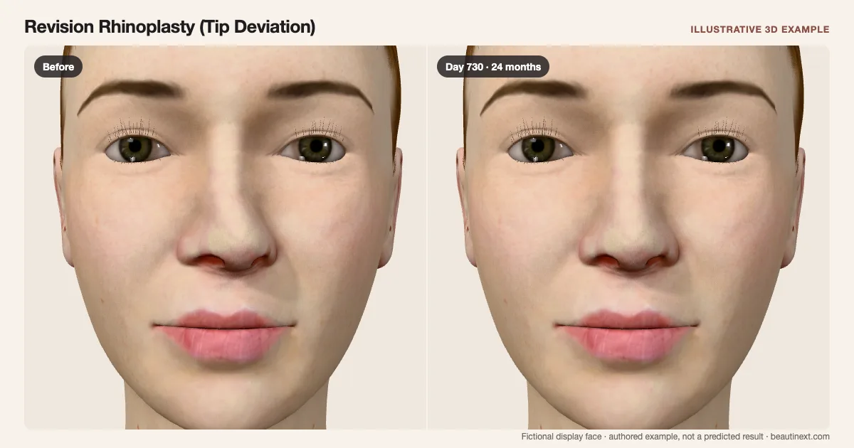 Revision Rhinoplasty (Tip Deviation) on a fictional 3D face: before treatment and day 730 · 24 months