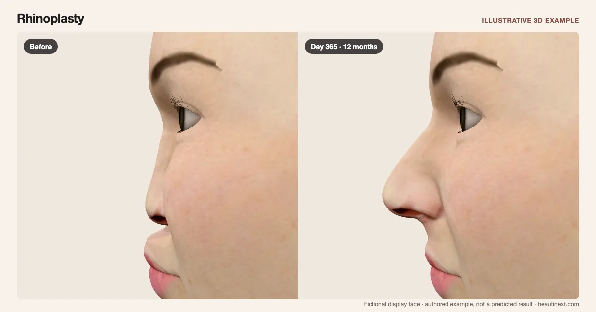 Rhinoplasty on a fictional 3D face: before treatment and day 365 · 12 months
