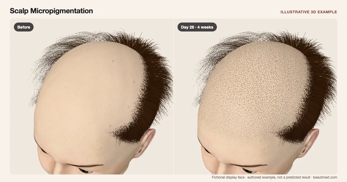 Scalp Micropigmentation on a fictional 3D face: before treatment and day 28 · 4 weeks