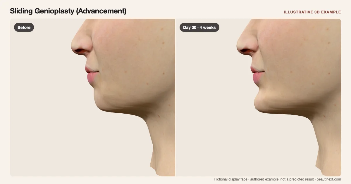 Sliding Genioplasty (Advancement) on a fictional 3D face: before treatment and day 30 · 4 weeks