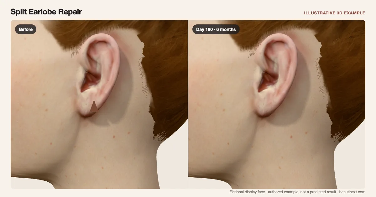 Split Earlobe Repair on a fictional 3D face: before treatment and day 180 · 6 months