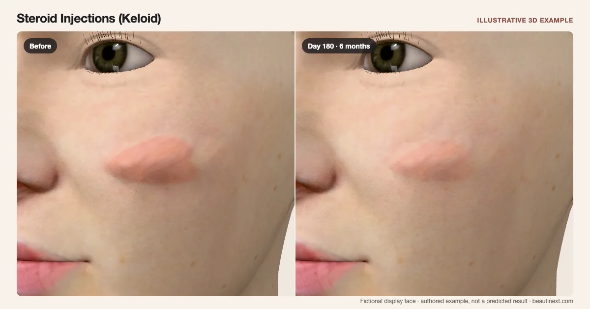 Steroid Injections (Keloid) on a fictional 3D face: before treatment and day 180 · 6 months