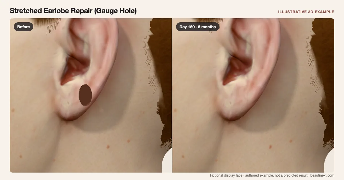 Stretched Earlobe Repair (Gauge Hole) on a fictional 3D face: before treatment and day 180 · 6 months