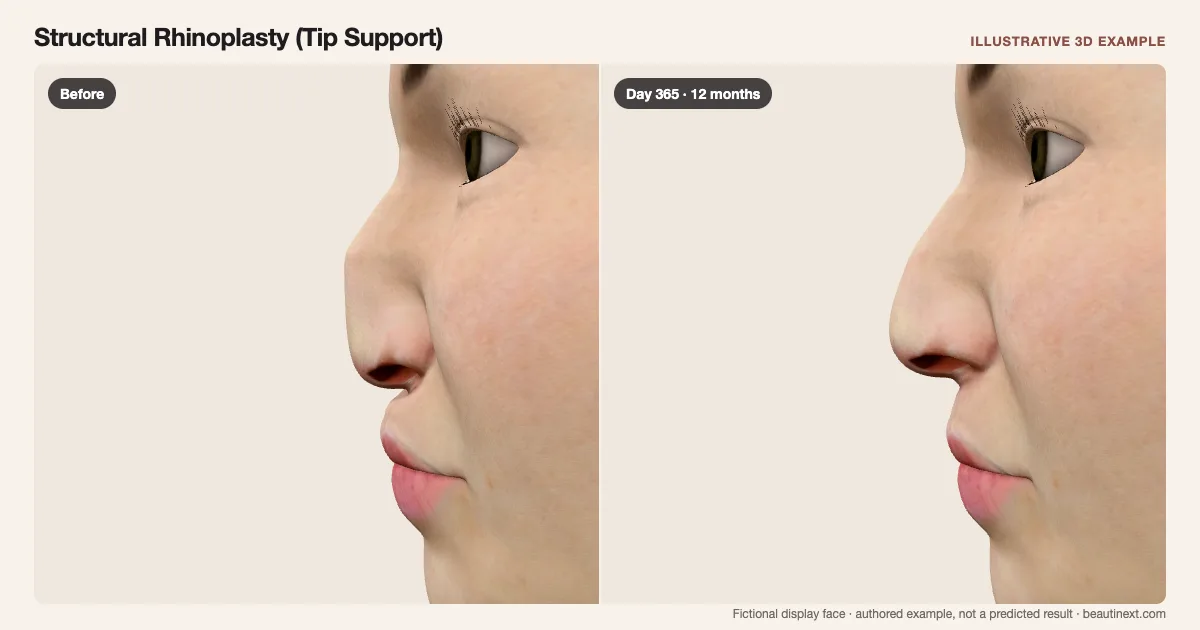 Structural Rhinoplasty (Tip Support) on a fictional 3D face: before treatment and day 365 · 12 months