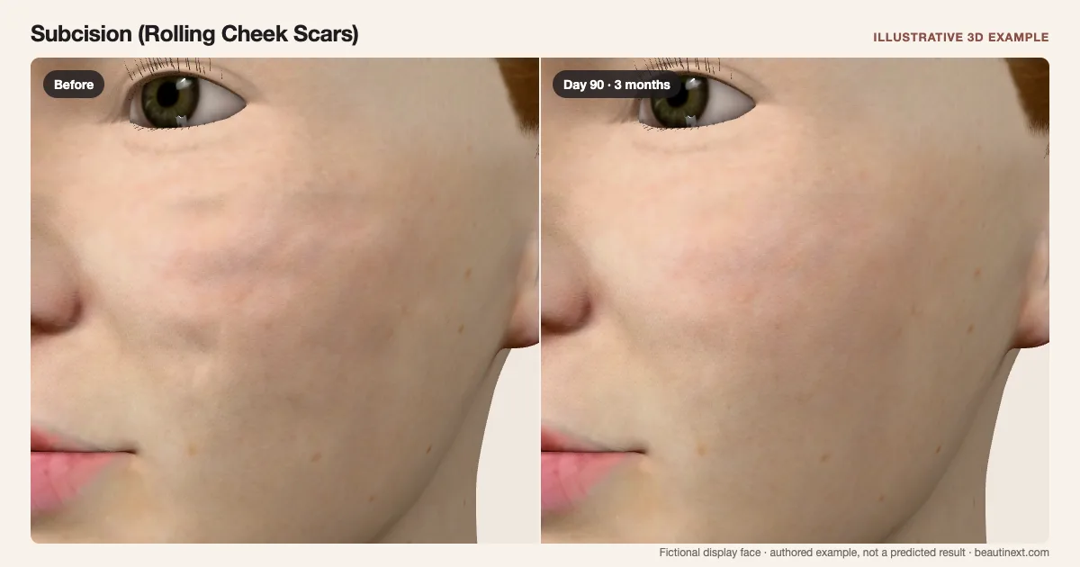 Subcision (Rolling Cheek Scars) on a fictional 3D face: before treatment and day 90 · 3 months