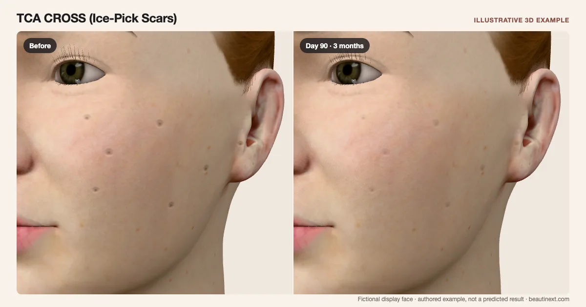 TCA CROSS (Ice-Pick Scars) on a fictional 3D face: before treatment and day 90 · 3 months