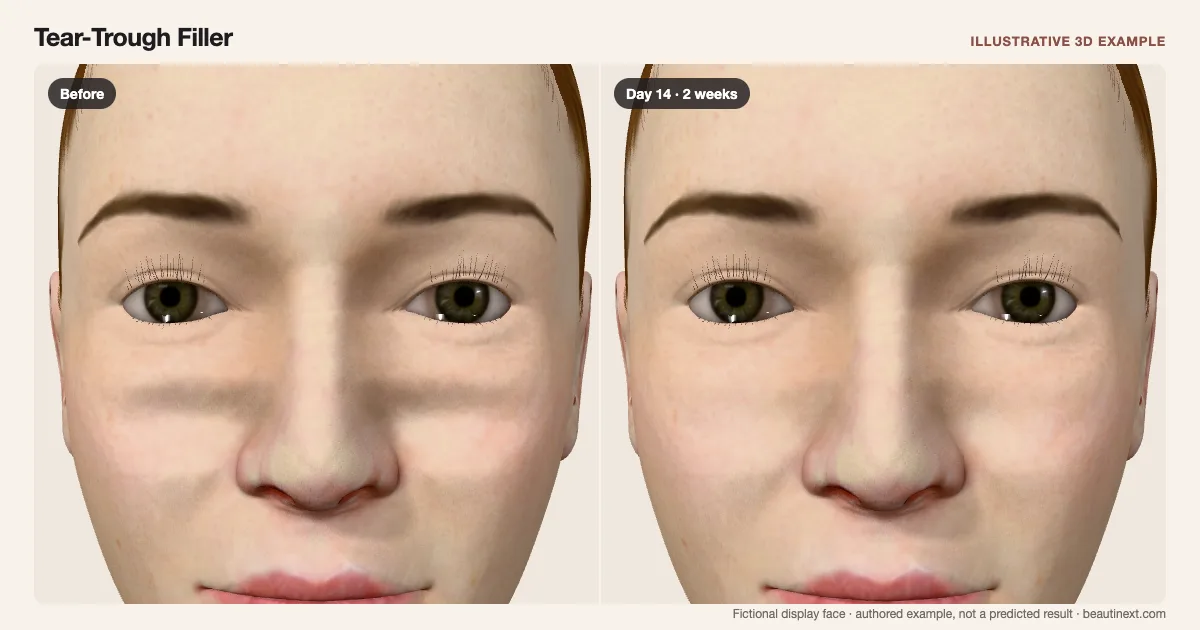 Tear-Trough Filler on a fictional 3D face: before treatment and day 14 · 2 weeks