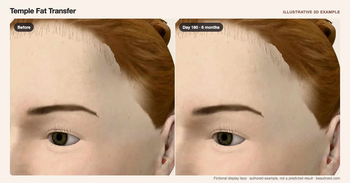 Temple Fat Transfer on a fictional 3D face: before treatment and day 180 · 6 months