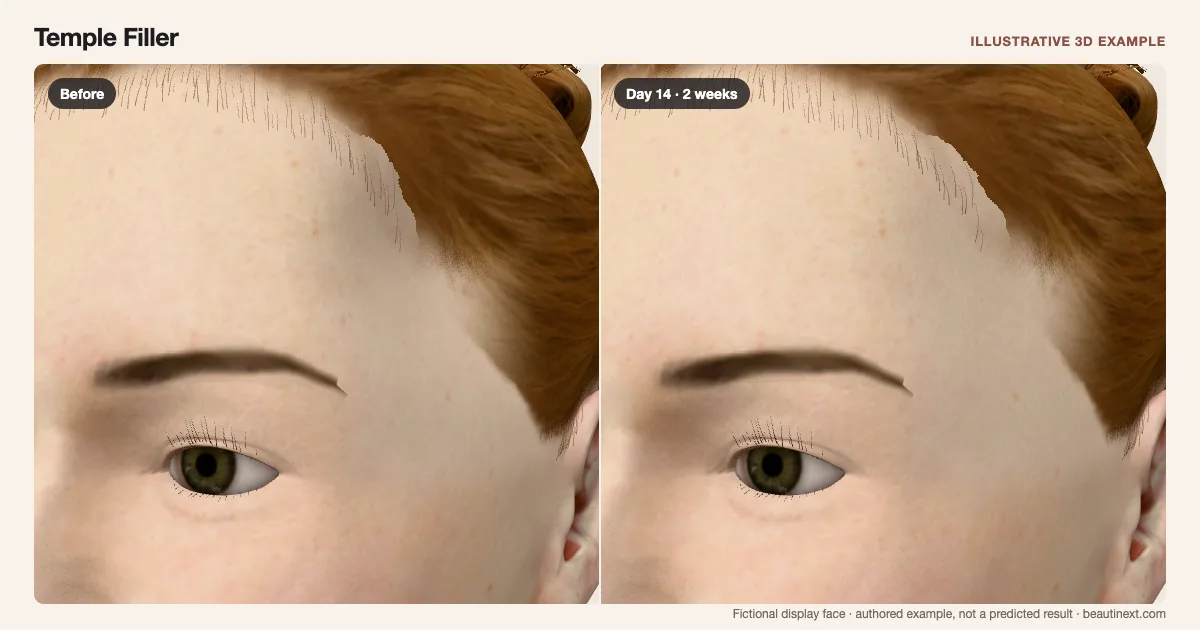 Temple Filler on a fictional 3D face: before treatment and day 14 · 2 weeks