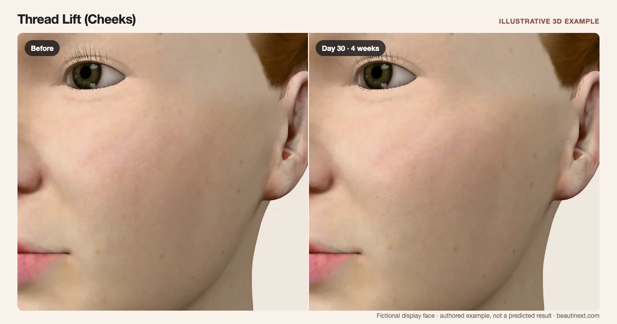 Thread Lift (Cheeks) on a fictional 3D face: before treatment and day 30 · 4 weeks