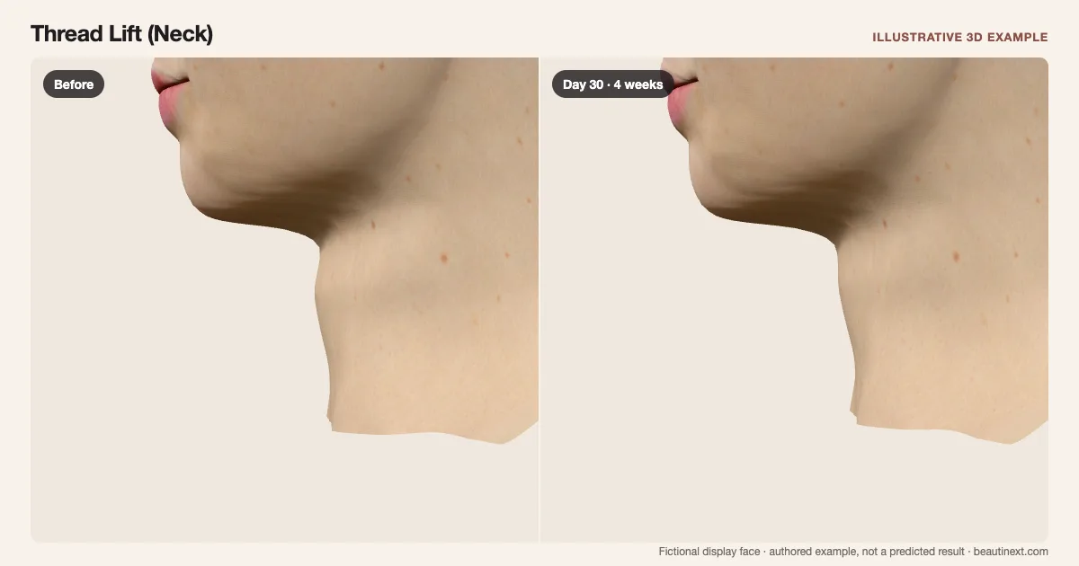 Thread Lift (Neck) on a fictional 3D face: before treatment and day 30 · 4 weeks