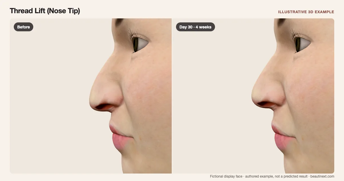 Thread Lift (Nose Tip) on a fictional 3D face: before treatment and day 30 · 4 weeks