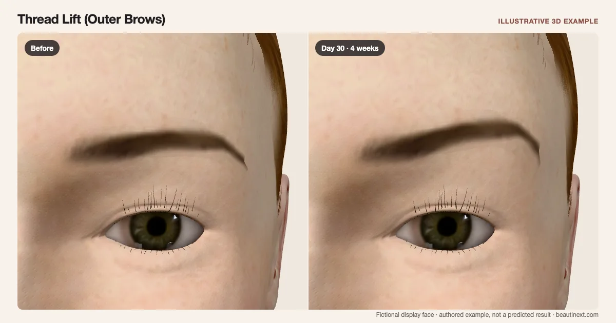 Thread Lift (Outer Brows) on a fictional 3D face: before treatment and day 30 · 4 weeks