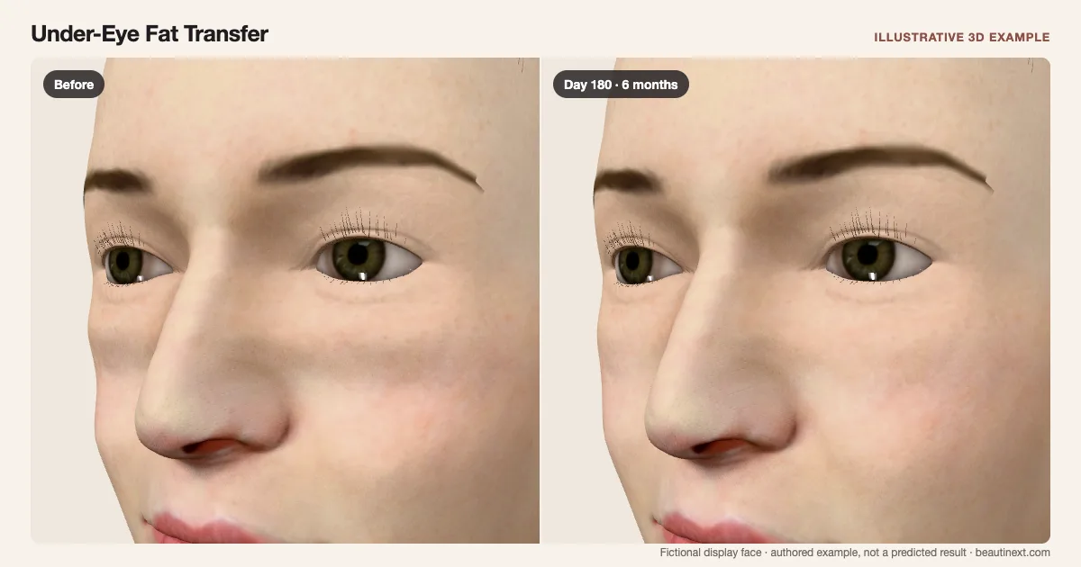 Under-Eye Fat Transfer on a fictional 3D face: before treatment and day 180 · 6 months