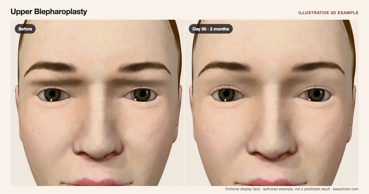 Upper Blepharoplasty on a fictional 3D face: before treatment and day 90 · 3 months