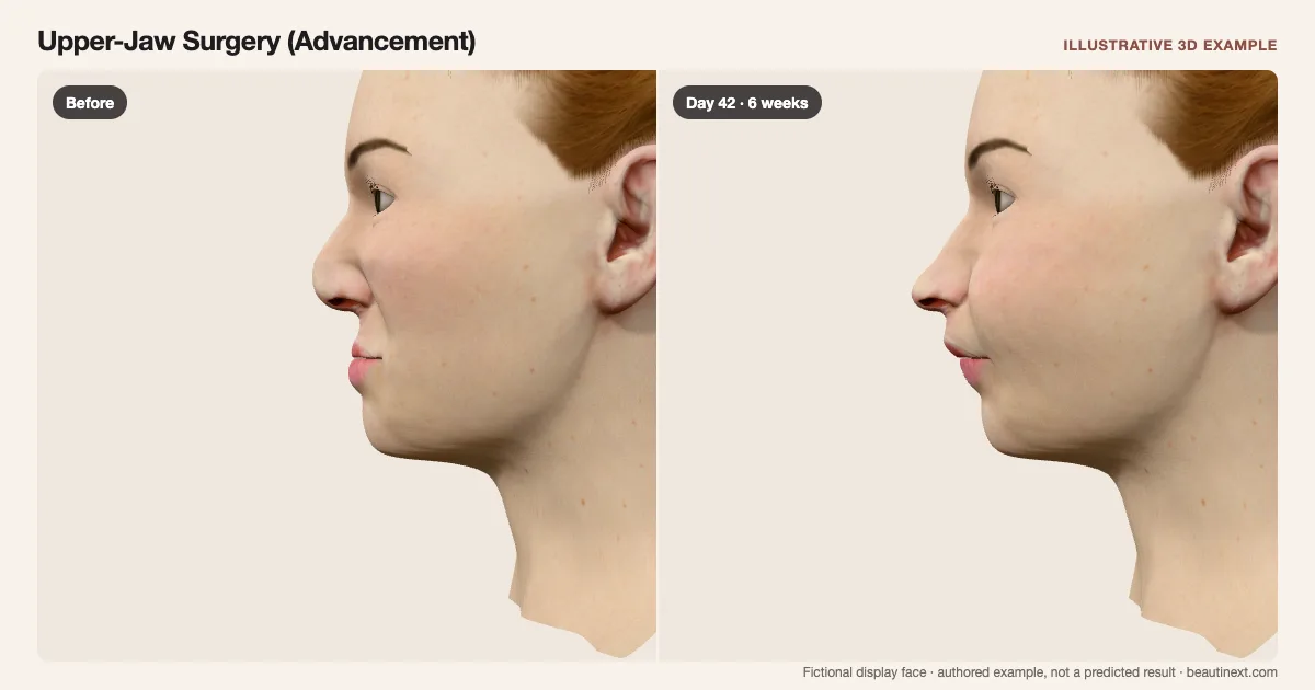Upper-Jaw Surgery (Advancement) on a fictional 3D face: before treatment and day 42 · 6 weeks