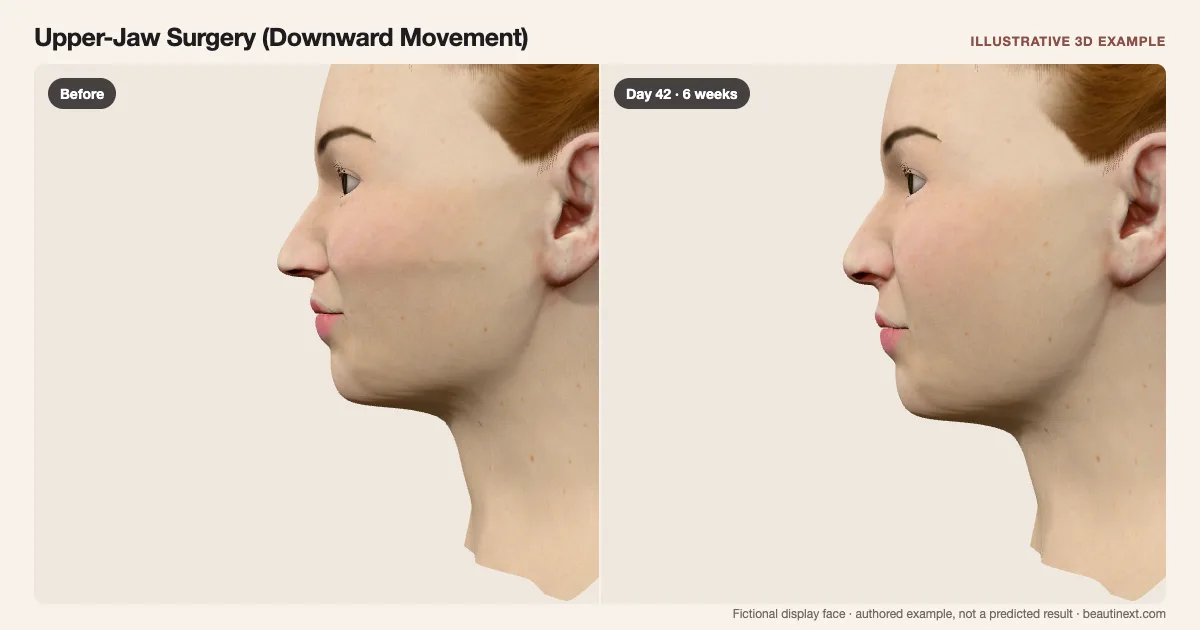 Upper-Jaw Surgery (Downward Movement) on a fictional 3D face: before treatment and day 42 · 6 weeks