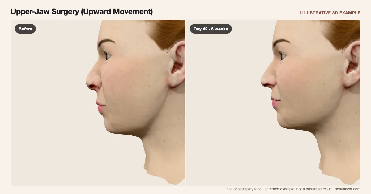 Upper-Jaw Surgery (Upward Movement) on a fictional 3D face: before treatment and day 42 · 6 weeks