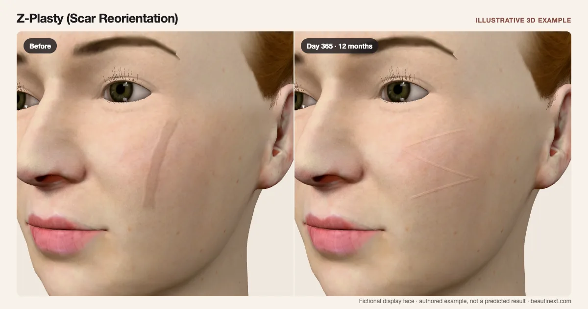 Z-Plasty (Scar Reorientation) on a fictional 3D face: before treatment and day 365 · 12 months