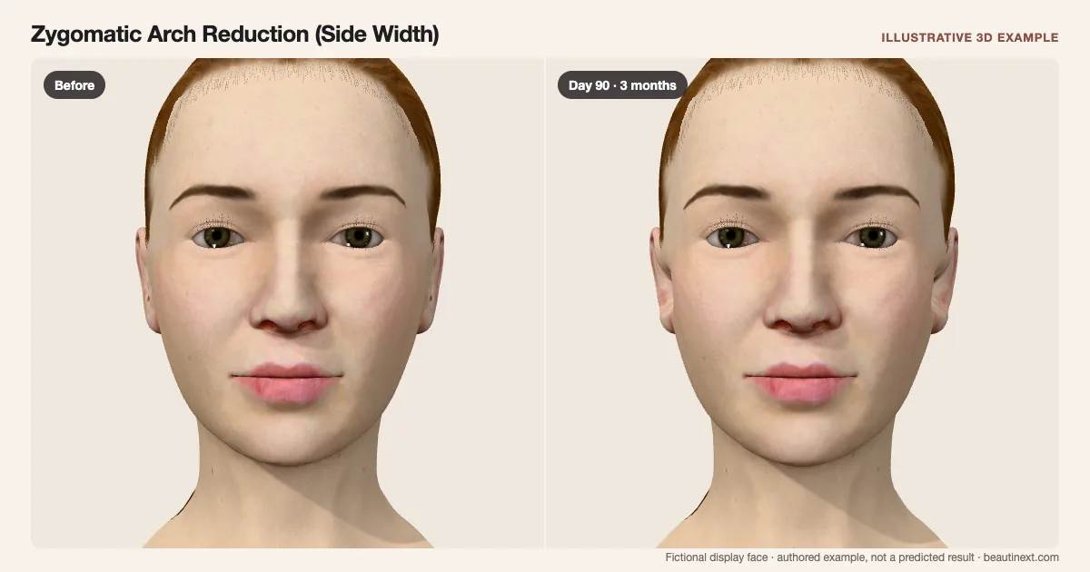 Zygomatic Arch Reduction (Side Width) on a fictional 3D face: before treatment and day 90 · 3 months